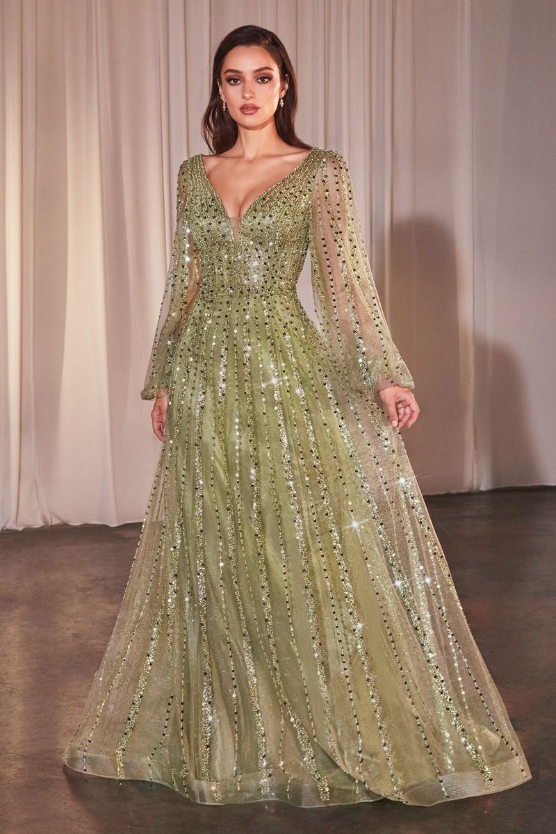 Shimmering V-Neck Long Sleeve A-Line Gown with Sequin Embellishments CDCD0240-5